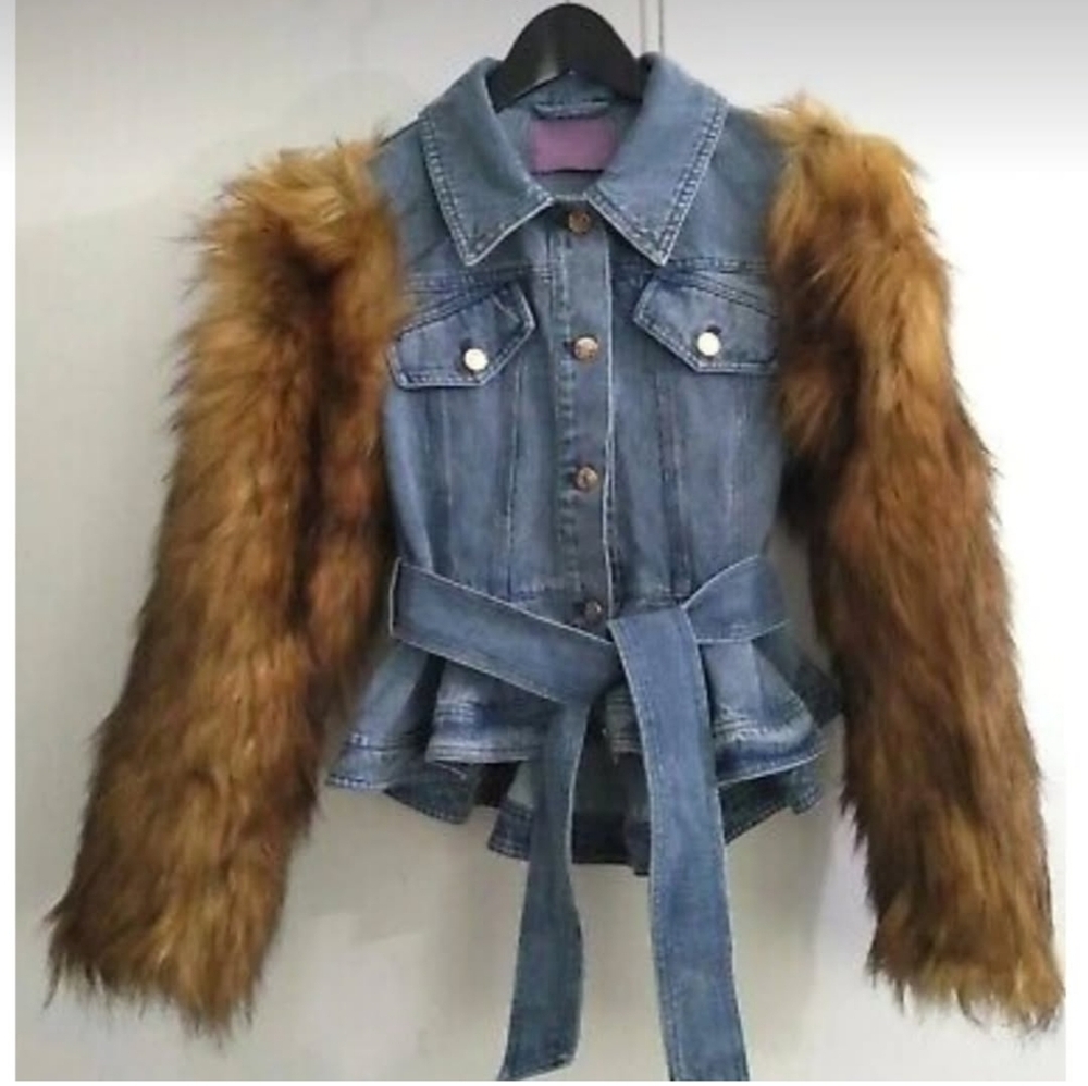 Denim Jacket with Faux Fur Sleeves